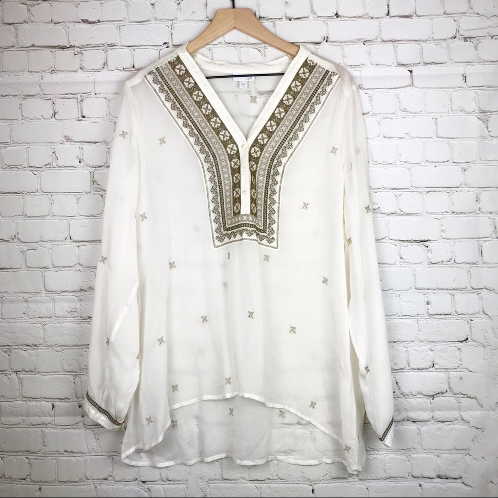 J.Jill Embroidered Sheer Tunic White Embellished